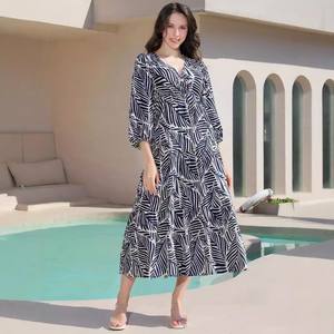 女装印花v领连衣裙人造丝长袖印花马克西连衣裙海滨度假休闲裙 - Product Image 1