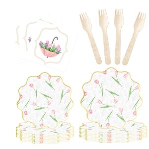 DAMAI Custom Disposable Paper Plates Flower Theme Party Decorations for Spring Tea Party Tulip Floral <b>Easter</b> Paper Tableware Set - Product Image 4