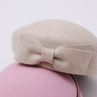 Nouveau béret rose 100 % laine pour femme, style japonais vintage, avec nœud, chapeau en feutre chaud et élégant, chic pour l'automne et l'hiver