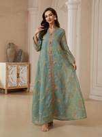 Abaya ouverte de luxe vert menthe 2026, broderie musulmane, élégante, col en V, manches longues, respirante, pour mariage, Aïd, islamique, en polyester