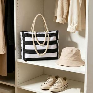 Custom Striped <b>Beach</b> <b>Bag</b> <b>Large</b> Capacity Shoulder Tote with Multi Pockets for Travel Pool Outdoor Wholesale - Product Image 4