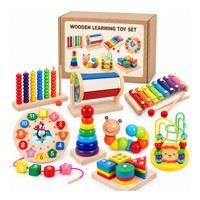Ensemble de jouets éducatifs en bois 8-en-1 avec xylophone, tableau de comptage, trieur de formes, horloge, labyrinthe de perles et boîte cadeau en kraft