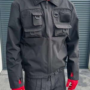 Vêtements personnalisés en polyester, vestes en nylon à fermeture éclair, manteau cargo noir multi-poches, coupe-vent imperméable, vestes coupe-vent en nylon pour hommes - Product Image 1