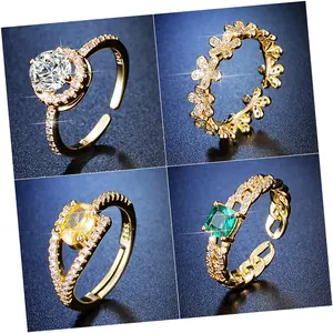 Korean Luxury Adjustable Gold Colorful Zircon Crystal Finger Ring For Women Statement Shiny Cz Open Knuckle Ring