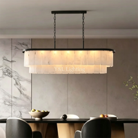Lustre moderne en albâtre naturel long avec finition noire, luminaire suspendu pour salle à manger, îlot de cuisine, décoration