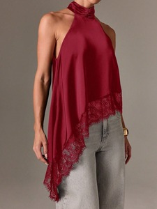 Nouveau <span class=keywords><strong>Top</strong></span> en Dentelle Sexy à Bretelles et Col Halter, Ourlet Irrégulier, Dos Nu, Couleur Unie, Gilet Élégant à Bretelles – Vente Flash - Product Image 3