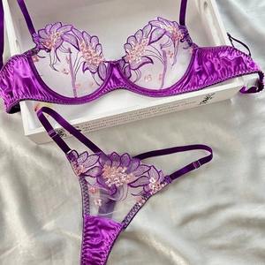 Ensemble de lingerie sexy en dentelle brodée deux pièces pour femmes, soutien-gorge push-up fin pour gros seins, contrôle léger, lingerie violette - Product Image 5