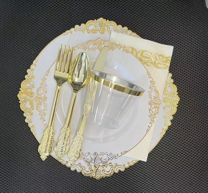 Lot de 175 ensembles de <span class=keywords><strong>vaisselle</strong></span> assiettes blanches avec motif de fleurs d'or pour 25 invités <span class=keywords><strong>vaisselle</strong></span> <span class=keywords><strong>jetable</strong></span> en <span class=keywords><strong>plastique</strong></span> robuste pour la fête - Product Image 3