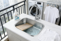 Évier à linge moderne en acier inoxydable 550x450x210mm, carré, profond, avec égouttoir pour lavage à la main des vêtements, poli