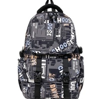 Sac à dos tendance en cuir synthétique microfibre imprimé style graffiti, grande capacité, fermeture éclair, bretelles incurvées