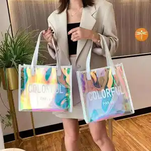 Bolso de mano de plástico transparente impermeable de PVC con logotipo personalizado bolso de compras con cremallera y bolsillo