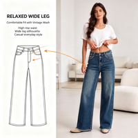 Celana Jeans Wanita Model Baggy Wide Leg 90an, Pinggang Tinggi, Raw Hem, Bahan Denim Stretch, Grosir Pabrik
