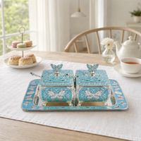 Pot à sucre importé au design papillon, inspiré du pot à sucre royal, avec plateau ovale, artisanat indien, boîte de mariage, pour sucre et épices, avec cuillère
