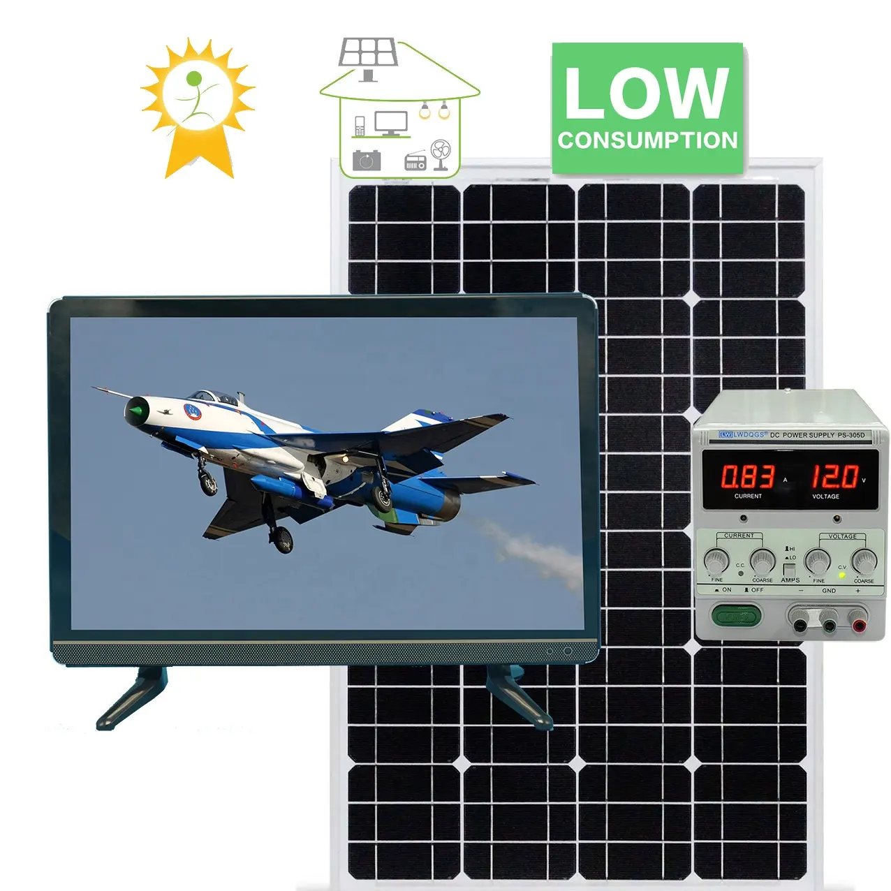 TV LCD solaire alimentée 12V 220V 15 17 19 22 24 32 43 pouces 12V DC LED TV avec adaptateur secteur pour les kits de système de télévision solaire domestique