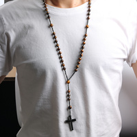 Collier pendentif croix en pierre naturelle pour homme, hématite, œil de tigre, turquoise, perles de pierres précieuses, chapelet, bijoux chrétiens