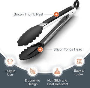 Pince de service en silicone pour cuisine, pince de cuisson en acier inoxydable avec embout en silicone pour barbecue - Product Image 3