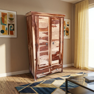 Armoire en bois style vintage avec finition vieillie, 2 tiroirs, porte, organisateur de vêtements artisanal pour chambre, hôtel, salon - Product Image 3