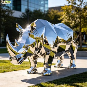 Sculpture de <span class=keywords><strong>rhinocéros</strong></span> contemporaine en acier inoxydable, grande statue d'art métallique à faible polyvalence pour projets commerciaux et propriétés de luxe - Product Image 1