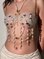 Harnais de corps fait main style sirène, orné de pierres précieuses colorées, de perles et de pampilles en cristal, avec chaîne de soutien-gorge intégrée, idéal pour tenue de rave
