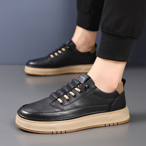 Baskets décontractées en cuir noir pour hommes, talon bas, semelle en caoutchouc, chaussures de loisirs tendance - Product Image 1