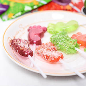 Bonbons en gros Halal saveur fruitée, bonbons pétillants, sucettes géantes, bonbons en forme de <span class=keywords><strong>pied</strong></span> avec <span class=keywords><strong>poudre</strong></span> aigre - Product Image 5