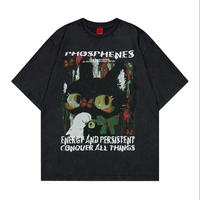 T-shirt personnalisé vintage américain délavé avec imprimé chat, coupe oversize, col rond, manches courtes, style mode hip-hop streetwear pour couple