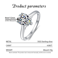 Bague de luxe en argent sterling S925 plaqué rhodium avec moissanite taille poire 4 carats couleur D VVS1 sertie clos pour femme, certifiée GRA