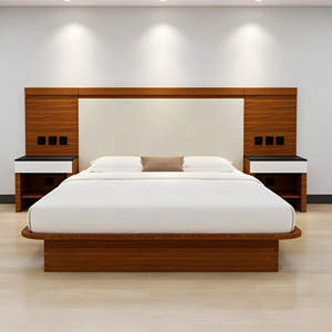 Custom Low Cost 3 Star Hotel Bedroom Furniture Sets with Platform Bed Frame Padded <b>Headboard</b> <b>Panel</b> and Integrated Nightstands - Product Image 6
