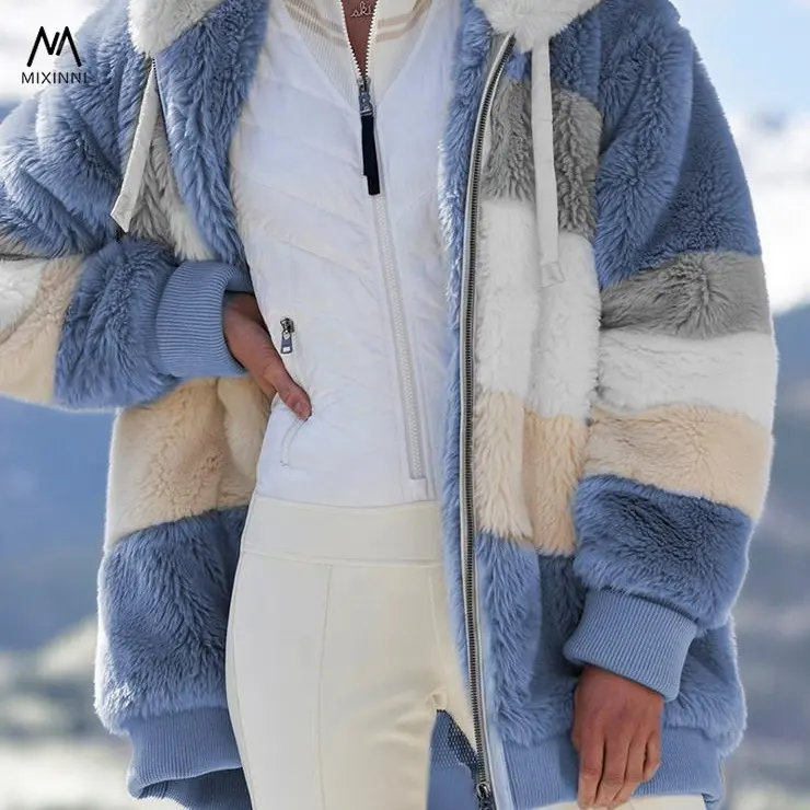 MXN F-80160 Fashion winter warm women's jacket, plush patchwork zipper women's coats,casual hooded loose jacket for women
