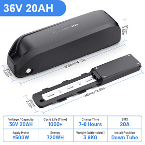 Batterie de vélo électrique UPP S220 de petite taille pour tube diagonal, 36V 20Ah, pack de batteries au lithium avec chargeur, étanche, compatible 1500W - Product Image 2