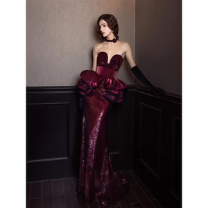 فستان سهرة فاخر جديد بتصميم مخصص بدون أكتاف، فستان حفلات طويل مع زهور حمراء، فستان حفلات للأمهات الحوامل، تصميم عصري وأنيق - Product Image 4