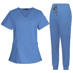 customized logo woven waterproof spandex nurse scrubs suit tops stretchy nursing sets medical hospital uniforms for women