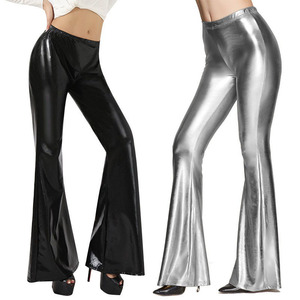 Pantalones de campana medios lisos sexis para mujer, mallas elásticas brillantes para discotecas, discotecas, pantalones acampanados informales de talla grande para verano - Product Image 3