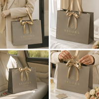 Sac en papier personnalisé de luxe élégant, couleur taupe, avec impression dorée et poignée en ruban, pelliculage mat, pour les détaillants de vêtements de boutique