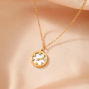 Hot Selling Fashion 18K <b>Gold</b> Plated Stainless Steel <b>Coin</b> Dainty White Shell Hollow Pendant Moon Star Zircon <b>Necklace</b> - Product Image 5