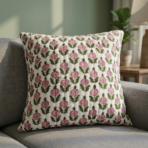 Bohemian Floral Block Printed Voile Cotton Square Home Decor Cushion & <b>Throw</b> Pillow Cover with Pleated Quilted Design - Product Image 2