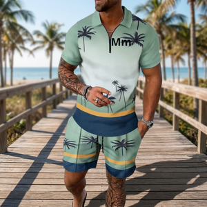 Conjunto de Camiseta Polo y Pantalones Cortos con Estampado de Palmeras de Verano para Hombre VICS SPORTS, Transpirable, de Poliéster/Algodón Tejido, Estilo Casual - Product Image 3