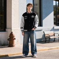 Veste universitaire vintage style collège en gros, broderie chenille, veste de baseball noire oversize, streetwear