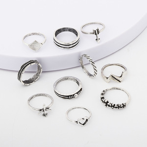 Fashion <b>Rings</b> Set 10pcs <b>Silver</b> Plated Heart Arrow <b>Feather</b> Flower Square Bohemia Style Women's Daily Wear Gift Jewelry - Product Image 2