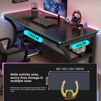 Bureau de jeu noir avec étagère de rangement et support pour processeur, poste de travail informatique simple avec éclairage RGB pour les joueurs