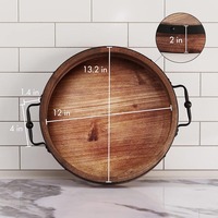 Plateau rond pour table basse-Plateau de service en bois de ferme de 13 ''avec poignées en métal-Plateau décoratif rond pour table basse