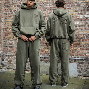 Chándal bordado personalizado para hombre, ropa de calle, jersey liso lavado, Sudadera con capucha y pantalones de chándal, conjunto de chándal de felpa francesa - Product Image 2