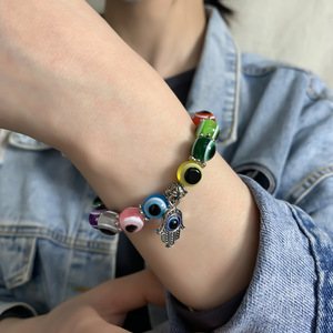 Bracelet Élastique Fait Main pour Femme, Perles Œil Bleu <span class=keywords><strong>Turc</strong></span>, Pendentif Œil Bleu Tendance - Product Image 5