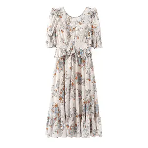Женское платье с коротким рукавом, летнее платье до середины икры с цветочным принтом, оборками и круглым вырезом