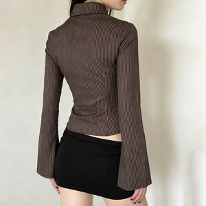 Blusa de Oficina Vintage para Mujer, Estilo Retro, a Rayas Marrones, con Botones, Cuello Solapa, Corte Entallado, Manga Larga, Ecológica, Transpirable, para Verano - Product Image 6