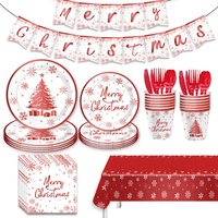 Ensemble de vaisselle pour fête de Noël, assiettes en papier rouges, gobelets, serviettes, couverts, nappe, bannière