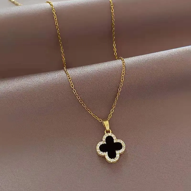 Zircon Clover Vòng Cổ Thép Không Gỉ Mặt Dây Chuyền Pha Lê Xương Đòn Chuỗi Dây Chuyền Cho Phụ Nữ