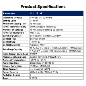 <span class=keywords><strong>Minuteur</strong></span> analogique SUL181d à 3 modules pour contrôle horaire quotidien, grande capacité, autonomie de batterie de 200 heures, courant max. 16A, 240VAC - Product Image 5