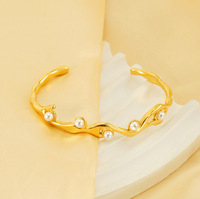 Bracelet ouvert pour femmes, plaqué or 18 carats, en acier inoxydable, imitation perle, 60 mm, bijoux rétro français