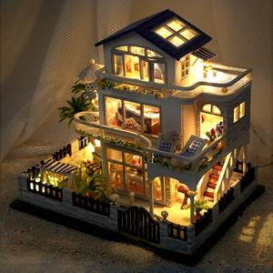 Vals azul, modelo <span class=keywords><strong>de</strong></span> madera en miniatura, cabina DIY para <span class=keywords><strong>casa</strong></span> <span class=keywords><strong>de</strong></span> <span class=keywords><strong>muñecas</strong></span>, juguetes <span class=keywords><strong>de</strong></span> rompecabezas, Villa ensamblada a mano para niños, Idea <span class=keywords><strong>de</strong></span> regalo - Product Image 3